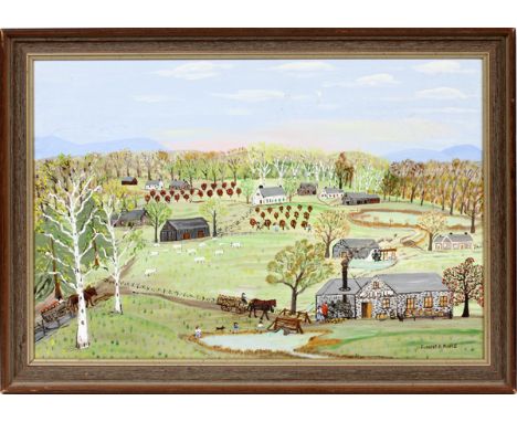 FORREST K. MOSES, OIL ON MASONITE H 15" W 23" OLD CIDER MILLForrest K. Moses, son of Grandma Moses. Signed. Forrest Moses (18