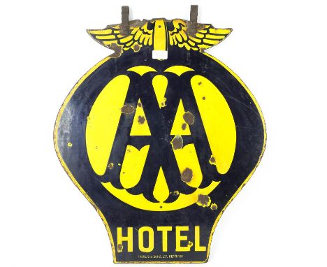 A double-sided enamel AA Hotel sign, marked Francis & Sons LTD Deptford (H63 x L54cm)