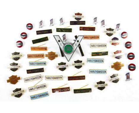 Motorbike badges - To include a vintage veteran 35 C.V.M badge and mainly a range of Harley Davidson badges. Approx. 40. 