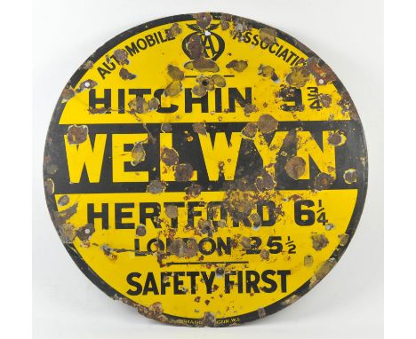 AA Circular Enamel road sign - Distances for Hitchin, Welwyn, Hertford and London, 76cm diameter. 