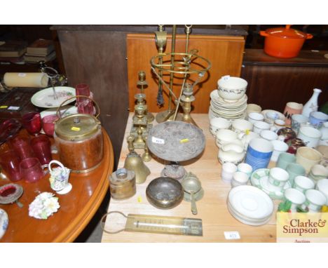 A quantity of brassware to include candlesticks; thermometer; trivet stand etc.