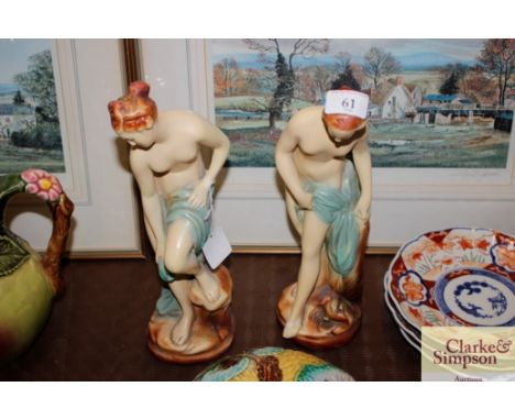 A pair of Art Deco painted plaster figures of bathing girls 