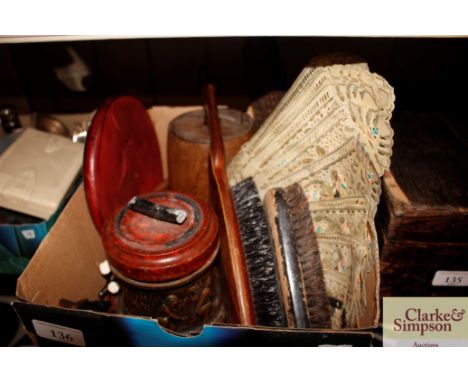 A box of miscellaneous items to include cribbage board, simulated rouge marble canister, old brushes, folding rule etc.