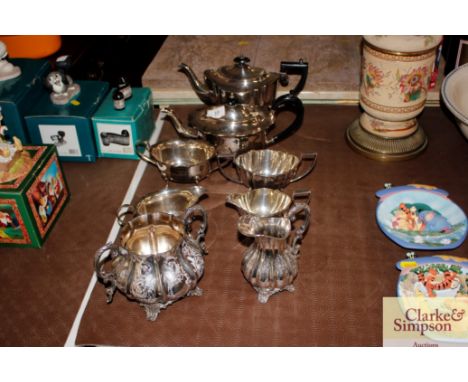 Two silver plated three piece tea sets and a silver plated sucrier and cream jug