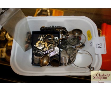 A pair of 12K gold filled spectacles; an Art Nouveau miniature photo frame; sewing measure; small padlocks etc.