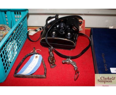 A pair of Anglian 8 x 30 binoculars in fitted case; a bottle opener decorated with a  horse; a bronze rabbit etc.