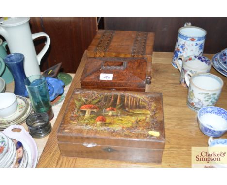 A 19th Century inlaid writing box; together with a burr walnut tea caddy AF and a sewing box and contents 