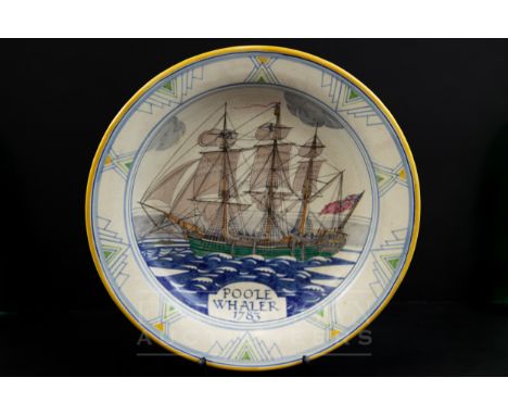 Arthur Bradbury for Poole Pottery, maritime interest charger, titled 'Poole Whaler 1783', verso inscribed 'This dish was made