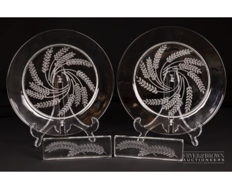 R. Lalique glass salad plates, Hortense pattern, moulded with wheat ear design, lowercase etched script mark, 16.2cm diameter