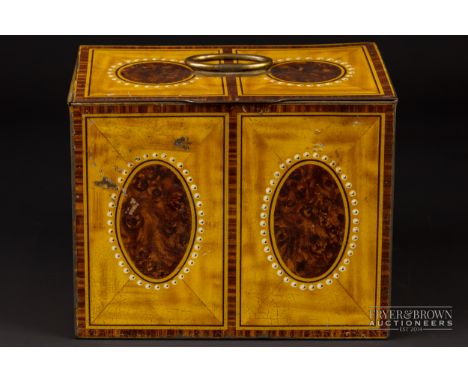 A William Crawford &amp; Sons Ltd. biscuit tin of tea caddy form, Georgian satinwood style, c1930, printed marks, offset lith