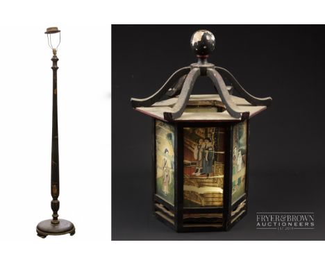 A chinoiserie lantern, the glass panels decorated with rice paper panels; and a Chinoiserie standard lamp (2)