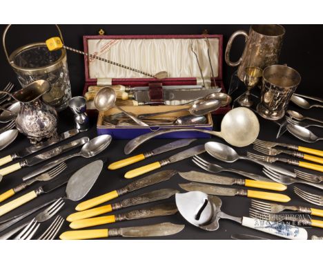 A quantity of flatware, including a silver plated set of fish eaters, commemorative spoons and other items (qty)