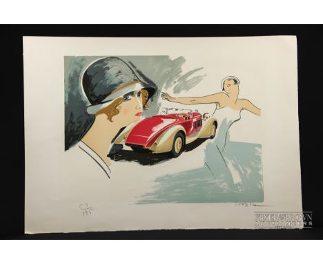 Daniel Lebier (b1941) - Vintage motor car with two 1920's ladies, colour print, signed in pencil and numbered 57/175, unframe