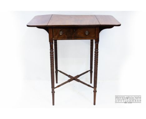 A 19th century small mahogany drop flap table, bobbin legs united by an X-stretcher, 75 x 46 x 73.5cm fully open