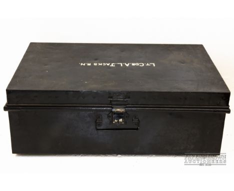 A metal school trunk