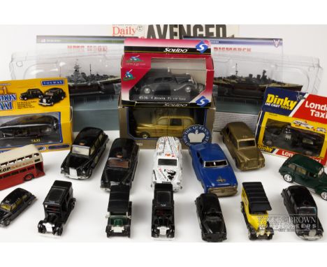 Two Planeta De Agostini models, Bismark and HMS Hood; and a quantity of Dinky and Corgi model car taxis (20)