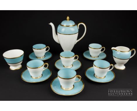 A Wedgwood bone china coffee service, W4175 pattern, turquoise blue banding with gilding, comprising six cups &amp; saucers, 
