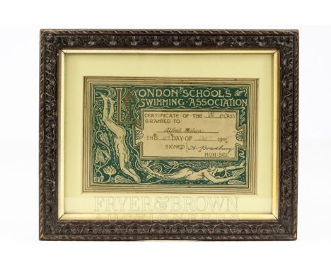 Walter Crane - London Schools Swimming Association certificate, awarded to Alfred Milan, 1st Class, 23.5 x 15.5cm, framed