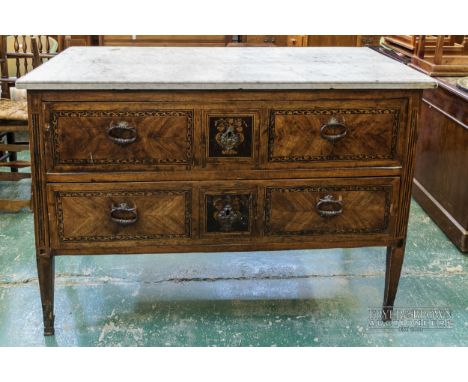 An 18th century commode, probably Italian, with inlaid detail, iron handles and topped with a 3cm slab of Carrara marble