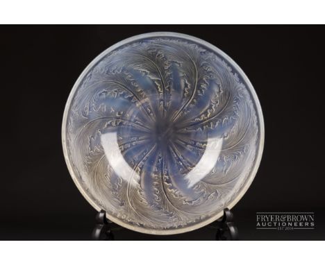 R. Lalique, France, glass bowl, Chicoree pattern, no. 3213, opalescent, moulded with leaves, etched mark to centre of bowl, 2