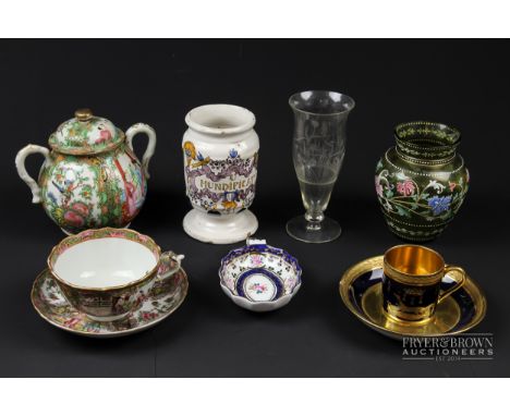 An enamelled green glass vase, in Moser style; a Continental tin glaze albarello, labelled Mundificat; and other items of cer