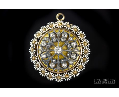 A fine and unusual antique diamond, enamel and gold brooch pendant, possibly by Carlo Giuliano, c1880, of circular form with 