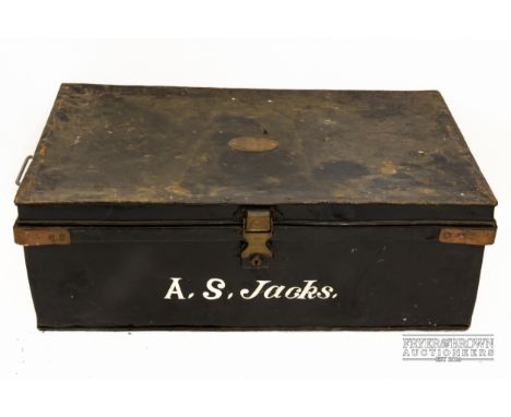 A large metal strong box/ Naval trunk, with brass fittings