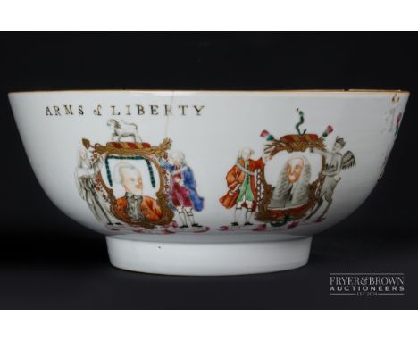 A Chinese export porcelain 'Arms Of Liberty' punch bowl, painted in polychrome colours with two sets of portraits of John Wil