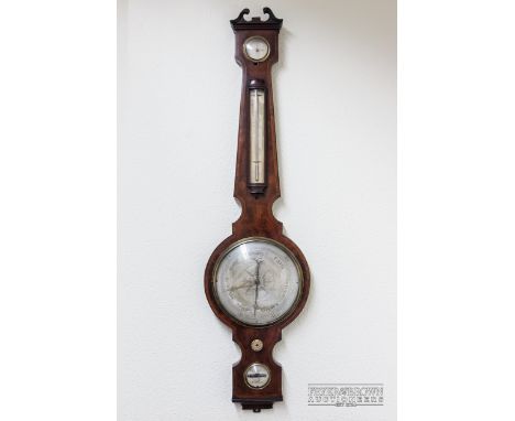 A Regency Maltwood of London mercurial wheel barometer, c1820, 20.5cm dial calibrated from 28-31, spirit level below, thermom