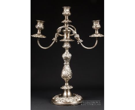A late 19th century silver plated three-light candelabra, the foot inscribed 32 Fighter Sqdn (squadron) from Sqdn Ldr D.L. Bl