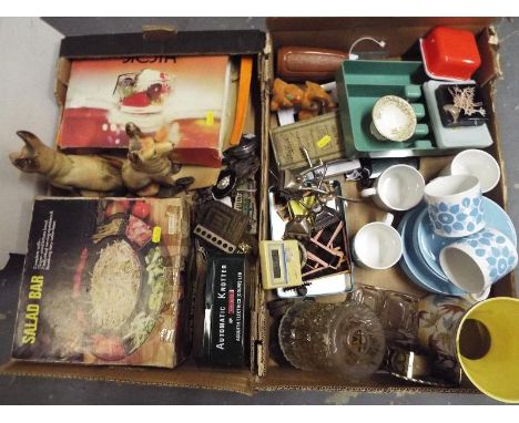 Two boxes containing a good mixed lot of collectables to include Italian pottery, magic lantern slides, mid century part tea 