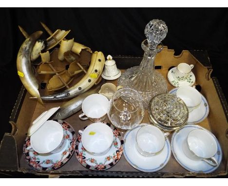 A good mixed lot to include a ship built from horn, ceramic tableware to include Coalport decorated in the Candy pattern, Ain