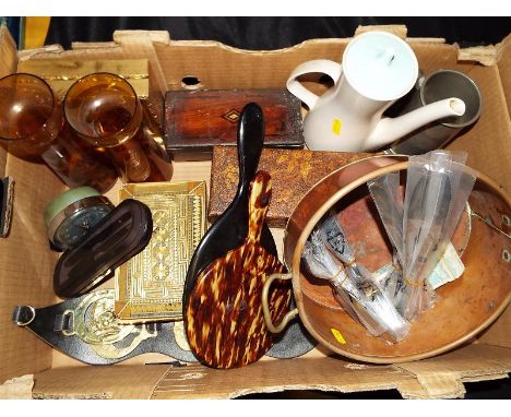 A good mixed lot to include a collection of wooden boxes, hand mirrors, unused cutlery, a Westclox clock, pen set, horse bras