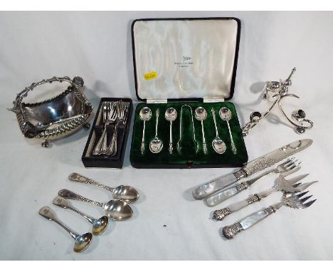 A collection of good quality plated flat ware, epergne, a bon bon dish and a collection of four silver hallmarked spoons (qty