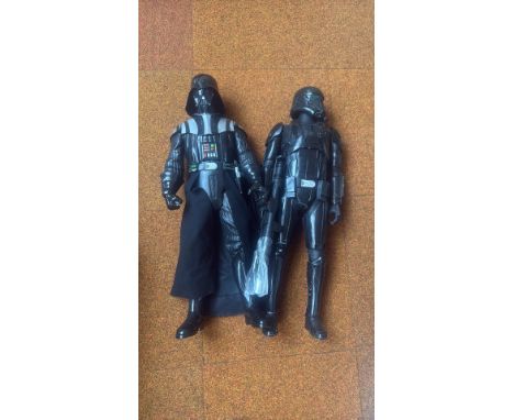 Star Wars collectible action figure lot featuring Darth Vader and an Imperial Death Trooper. Large-scale figures with detaile