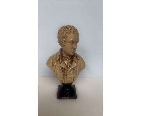 Glazed ceramic bust of Robert Burns, mounted on a black pedestal base. Fine detailing, from the early 20th century. Marked at