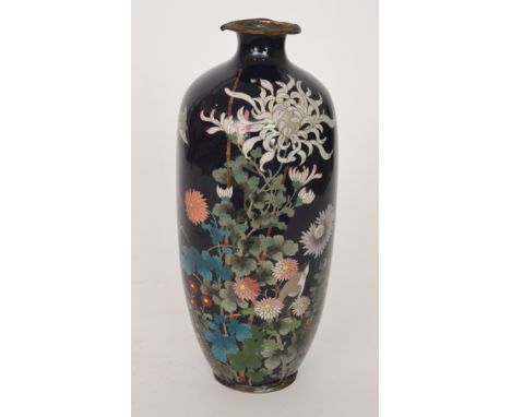 An early 20th Century cloisonne vase decorated with birds amongst flowering foliage to a blue ground, height 35cm, A/F, toget