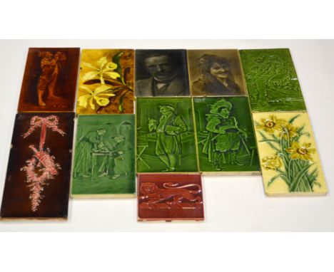 Eleven assorted panel tiles to include four Sherwin & Cotton portrait tiles - Lloyd George, a cavalier, a scholar and a Spani