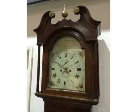 A 19th Century oak and mahogany crossbanded longcase clock with eight day movement, the twin swan neck pediment above the 13"