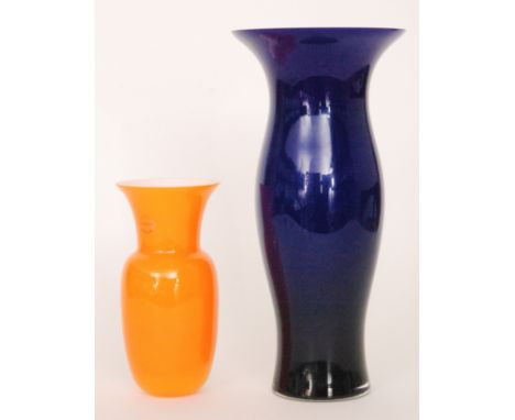 Two contemporary Italian Murano glass vases by Nason, the first of globe and flared shaft form in orange over opal, cased in 