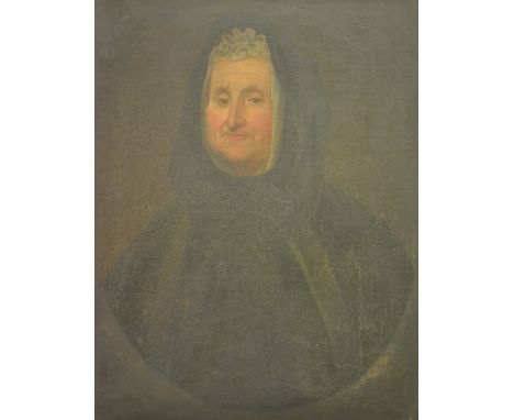 ENGLISH SCHOOL (EARLY 18TH CENTURY) - Portrait of an elderly lady wearing a black shawl, bust length, a painted oval, in carv