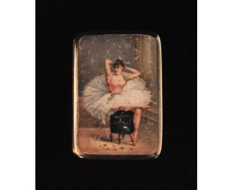 A Victorian hallmarked silver and enamel vesta case, the rectangular box decorated with an enamelled scene of a ballerina sea