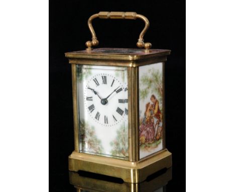 A 20th Century French brass carriage clock the white enamelled dial with painted tree corner spandrels, the porcelain panel s