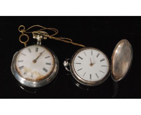 A George III hallmarked silver verge pair cased pocket watch, Roman numerals to white enamel dial, gold hands, with fusee mov