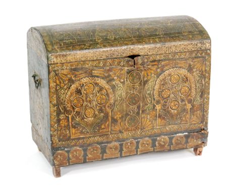 A 19th Century pine dome topped trunk with later painted detail and twin wrought iron carry handles, height 62cm and width 73