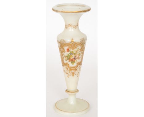 A 19th Century Bohemian glass vase of footed, slender shouldered ovoid form with flared collar neck, enamel and gilt decorate