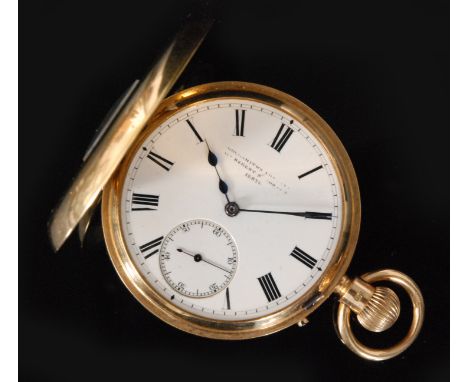 An early 20th Century 18ct gentleman's keyless half hunter pocket watch, the white enamel dial with Roman numerals and subsid