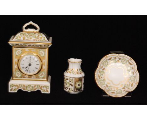 A Royal Crown Derby boxed mantle clock, pin dish and bud vase all decorated in the Green Derby Panel pattern (3)