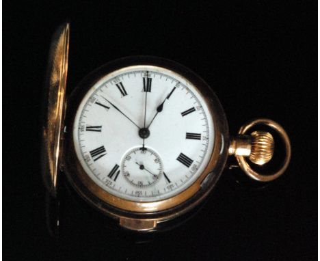 A gold plated full hunter crown wind gentleman's quarter repeater pocket watch, the white enamel dial with Roman numerals, su