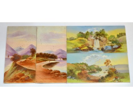 Three late 19th Century Pilkington's 6" x 12" dust pressed tile panels, the first painted with a lone fisherman against a mou